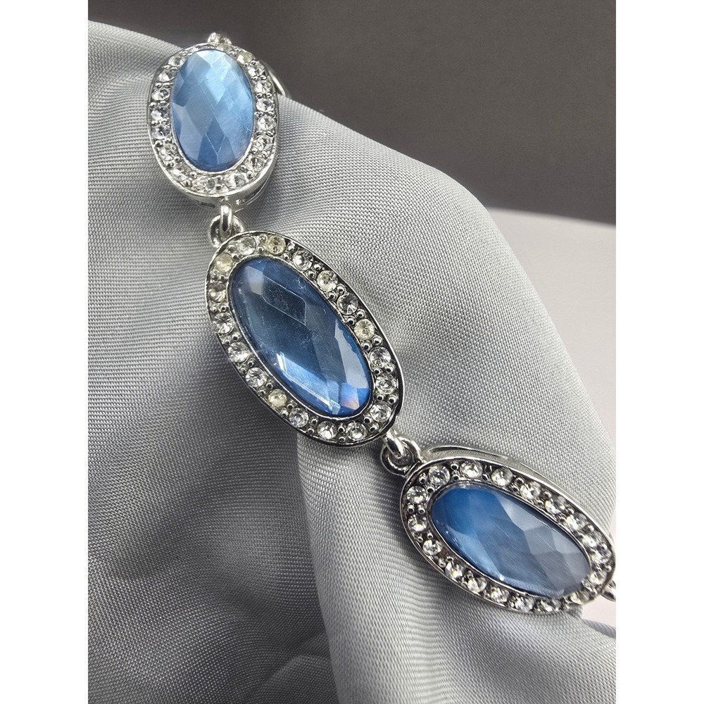 Vintage Kiam Family Oval Link Bracelet Blue Silver Tone Rhinestone 7.5in